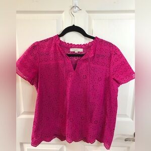 Loft eyelet fuschia short sleeve top . Petite Medium